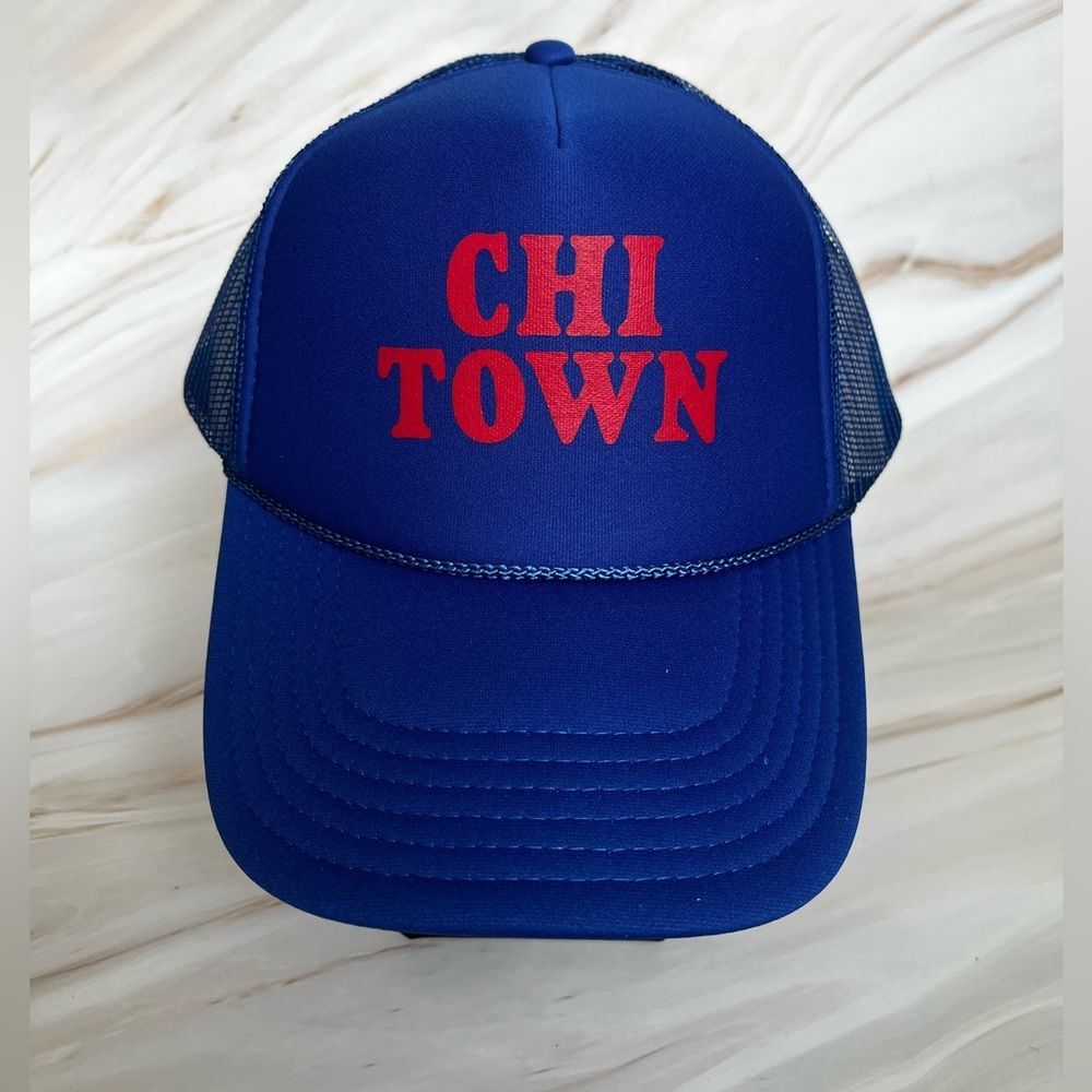 UO OTTO Blue Mesh Trucker Hat Chi Town Front Graphic Snapback Cap